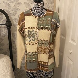 Vintage cotton patchwork holiday knit sweater made in Hong Kong cottagecore